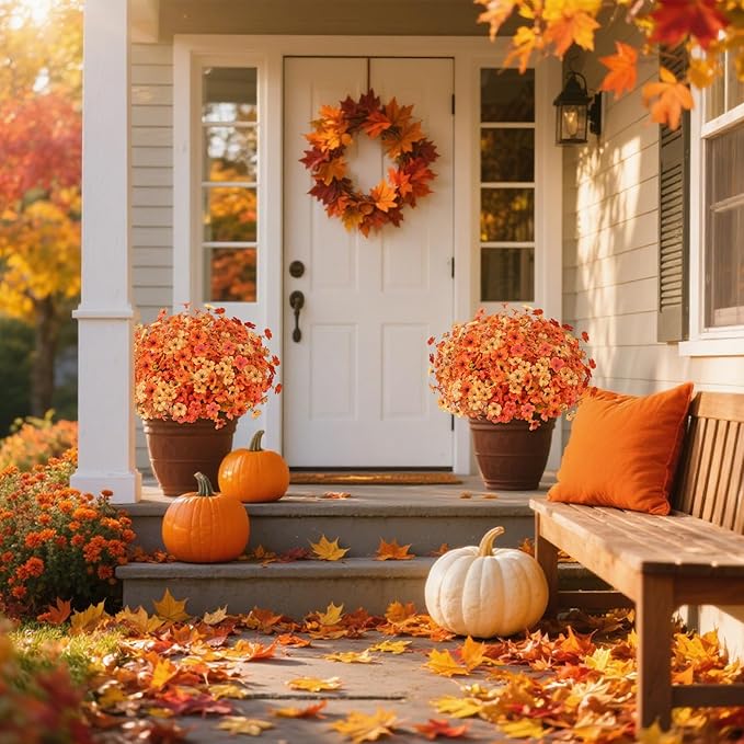 AmyHomie 16 Bundles Artificial Fall Yellow Orange Flowers with Eucalyptus UV Resistant Fake Mums, No Fade – Outdoor Fall Decor for Garden, Porch, Window