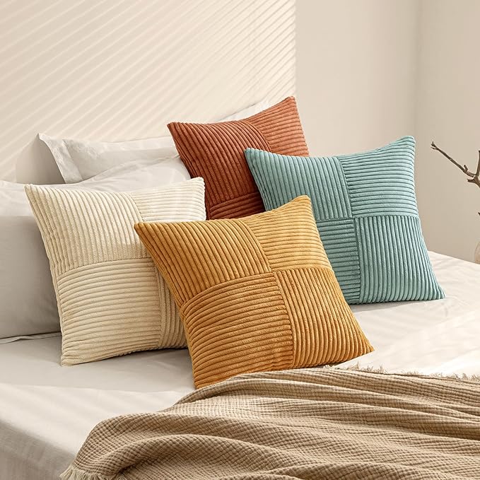 MIULEE Boho Farmhouse Fall Decorative Throw Pillow Covers 20x20 Inch 4 Packs Soft Vintage Pillow Cases Modern Corduroy Patchwork Cushion Covers for Couch Sofa Bed Home Decor, Teal-Rust
