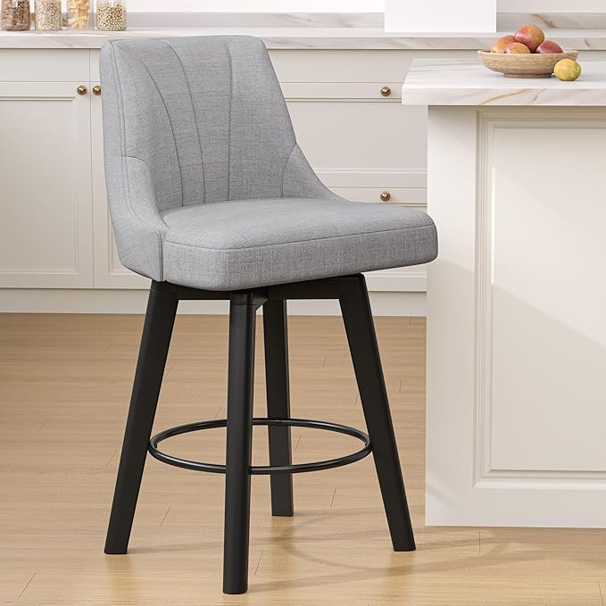 Counter Height Swivel Bar Stool, 24" Upholstered Fabric Barstools, Counter Stool Chair with Back & Solid Wood Legs for Kitchen Island Dining Room (Light Gray)