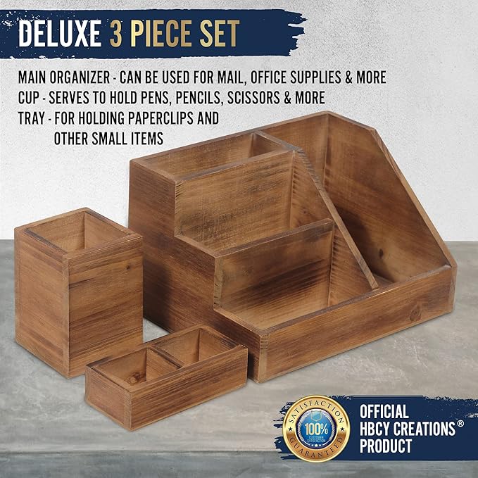 HBCY Creations 3 Piece Rustic Wooden Desk Organizer Set - Mail Organizer for Desktop - Great for Industrial Home Decor! Makeup Organizer for Vanity