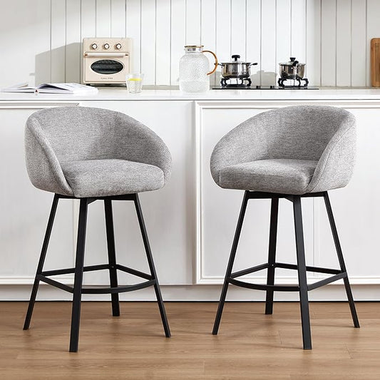 Zesthouse Swivel Counter Height Stools Set of 2, Modern Bar Stools for Kitchen Island, 26" Upholstered Kitchen Counter Height Barstools with Barrel Arms & Backs, Grey Linen Fabric Bar Chairs