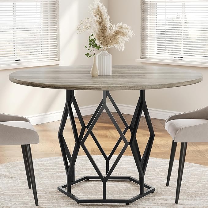 IDEALHOUSE 47 Inch Round Dining Table, Farmhouse Diner Table for 4-6 People, Kitchen & Dining Room Tables, Wood Circle Table for Kitchen, Dining Room, Living Room, Gray