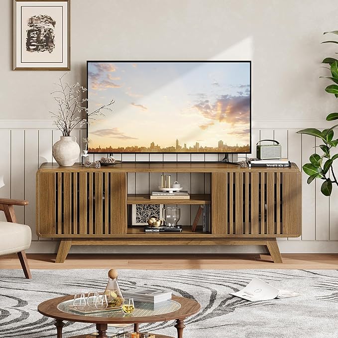 ONBRILL 63-Inch TV Stand for TVs up to 75 Inch, Mid-Century Modern Television Stand with Power Outlet， Entertainment Center with Sliding Grille Door Cabinets and Open Shelves for Living Room, Oak