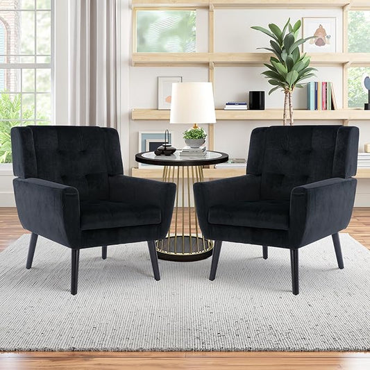 NicBex Accent Chair Set of 2, Modern Chair for Living Room Upholstered Foam Filled Living Room Chairs with Metal Legs Velvet Cozy Lounge Armchair for Living Room Bedroom,Black