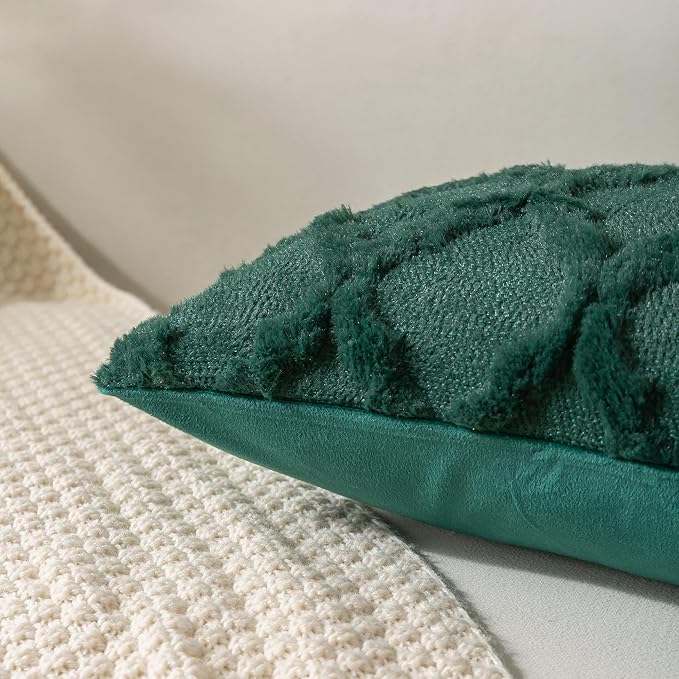 Set of 2 Soft Moroccan Throw Pillow Covers 22x22 Inch Plush Boho Decorative Pillow Cover Accent Cushion Case for Couch Sofa Bed, Dark Green