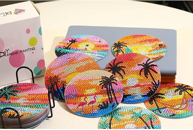 8 PCS Beach Moon Diamond Art Coasters Kits, Diamond Painting Coasters with Holder Set of 8, DIY Drink Coasters Art Crafts Supplies for Adults Cup Mat for Home Decor House Warming Gifts 3.9inch