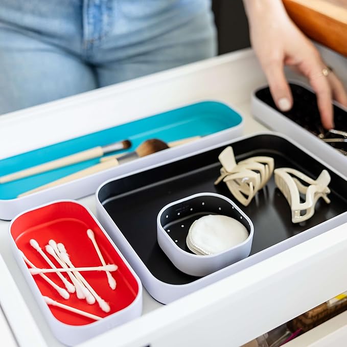 Three by Three Seattle 5 Piece Metal Organizer Tray Set for Storing Makeup, Stationery, Utensils, and More in Office Desk, Kitchen and Bathroom Drawers (1 Inch, Blue Black Red and Dots)