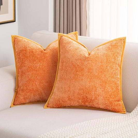 FUTEI Orange Chenille Throw Pillow Covers 26x26 Inch Set of 2,Soft Cozy Bound Edge Design Euro Pillow Sham,Home Decor for Couch Bed Living Room