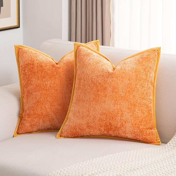 FUTEI Orange Chenille Throw Pillow Covers 20x20 Inch Set of 2,Soft Cozy Bound Edge Design Cushion Case,Home Decor for Couch Bed Living Room