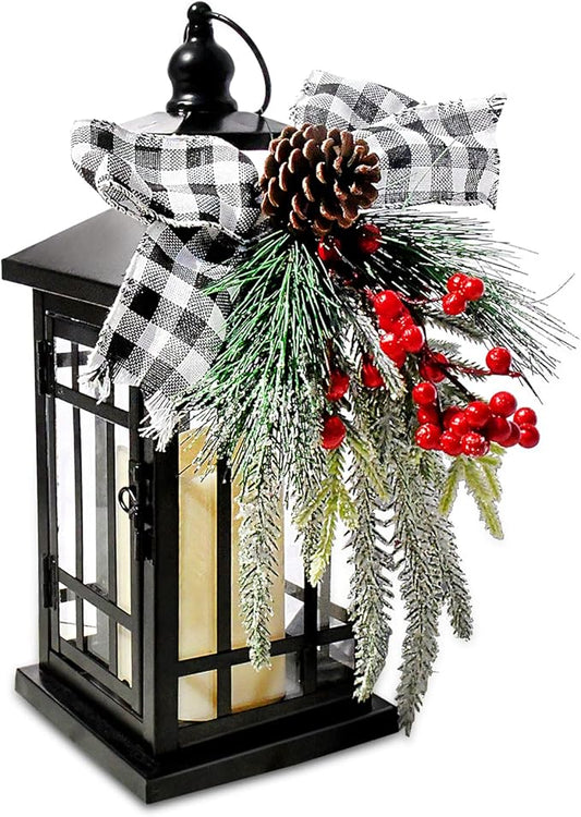 Christmas Decorative Lantern w/LED Flickering Flameless Candle - 14 Inch, Antiqued Vintage Lantern with Xmas Ornament for Outside Indoor Table Holiday Party Decorations