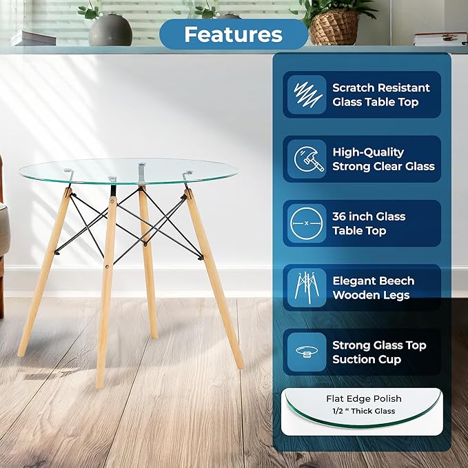 Fab Glass and Mirror Wood Table Bases with Round Glass Dining Table Top 36 Inches-1/2 Thick, Elegant Dining Table Round, Perfect for Glass Kitchen Table Design and Versatile Decor