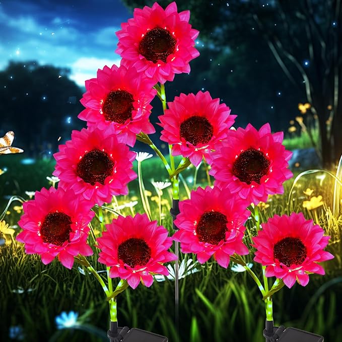 Solar Garden Flowers Lights Outdoor Waterproof Sunflower Solar Lights for Yard Decorations Garden Decor 3 Pack for Yard Patio Lawn Gift for Mom Women Mother's Day (Pink Sunflower)