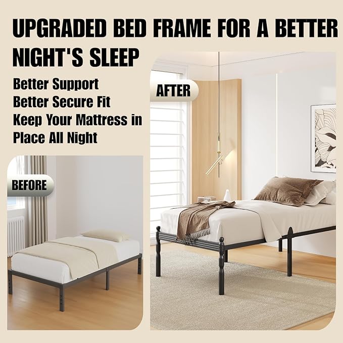 18 Inch Twin XL Metal Bed Frame with Mattress Slide Stopper, Twin XL Size Platform Bed Frames No Box Spring Needed, Heavy Duty Bedframe, Easy Assembly, Noise Free