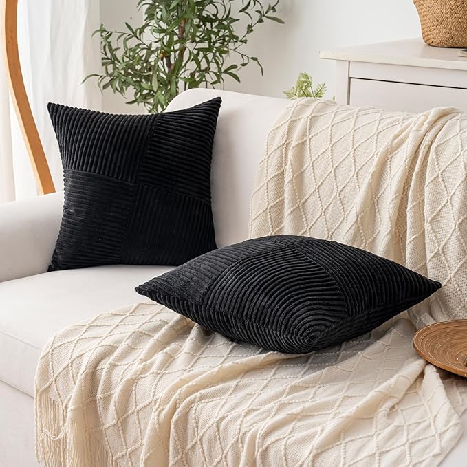 Decorative Throw Pillow Covers 18x18 Inch Set of 2 for Boho Living Room Farmhouse Home Decor, Spring Pillow Covers for Couch Bed, Soft Corduroy Striped Patchwork Cushion Cases, Black