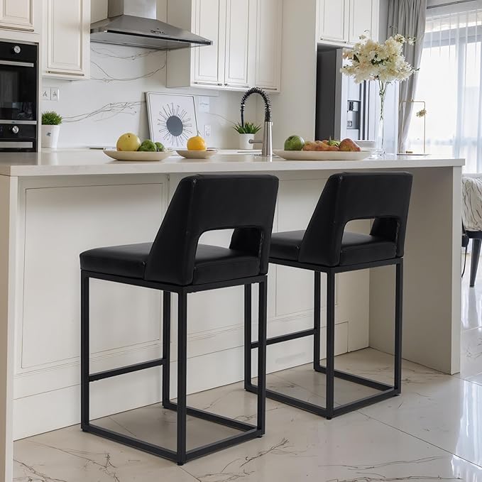 Counter Height Black Bar Stool for Kitchen Counter Modern Bar Chair with Back for Kitchen Island with Upholstered Faux Leather Seat and Metal Frame, 26 Inch