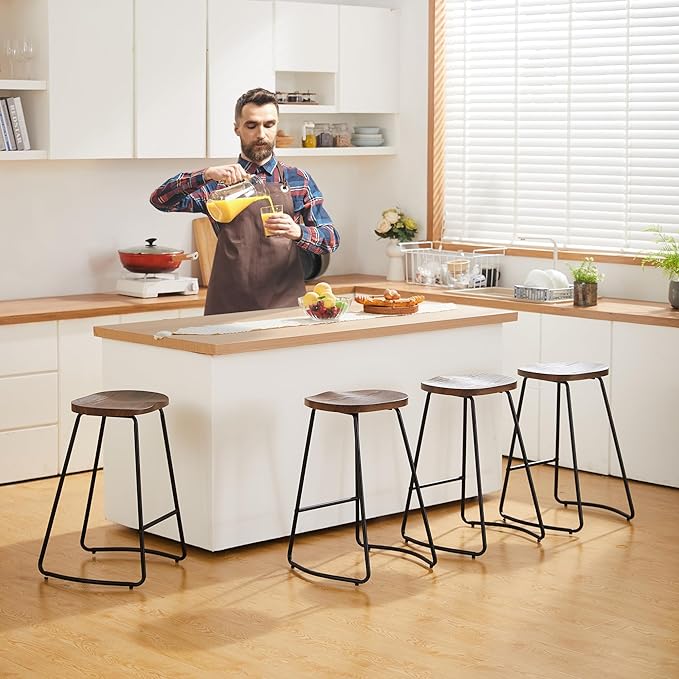 HeuGah Bar Stools Set of 3, Counter Height Saddle Seat Wood Bar Stools, 26" Backless Barstool for Kitchen Island, Brown Bar Chairs Easy to Assemble (Brown, 3 PCS 26Inch Counter Chair)