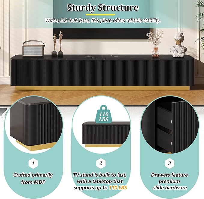 Merax Modern Wood TV Stand for TVs Up to 85'', Faux Marble Tabletop Entertainment Center with Storage Drawers, Practical Media Console for Living Room, Bedroom, Black