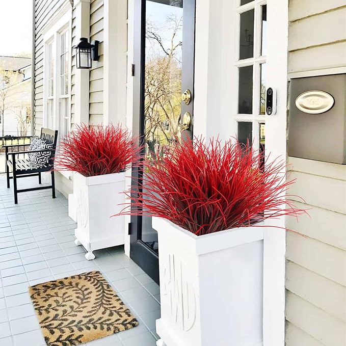 RECUTMS Artificial Shrubs Bushes, Plastic Wheat Grass Green Leaves Fake Plants Wedding Indoor Outdoor Home Garden Verandah Kitchen Office Table Centerpieces Arrangements Christmas Decoration(Red)