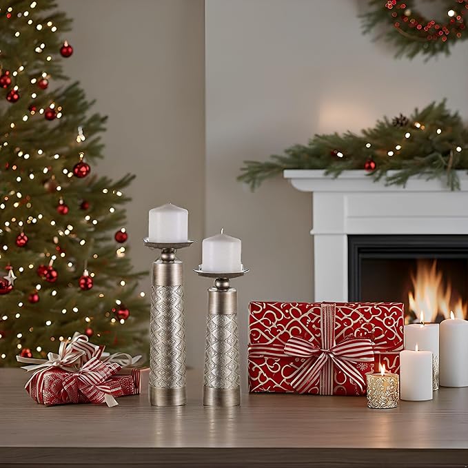 Creative Scents Dublin Silver Decorative Candle Holder Set of 2 - Home Decor Pillar Candle Stand, Coffee Table Mantle Decor centerpieces for Fireplace, Living or Dining Room Table, Gift Boxed