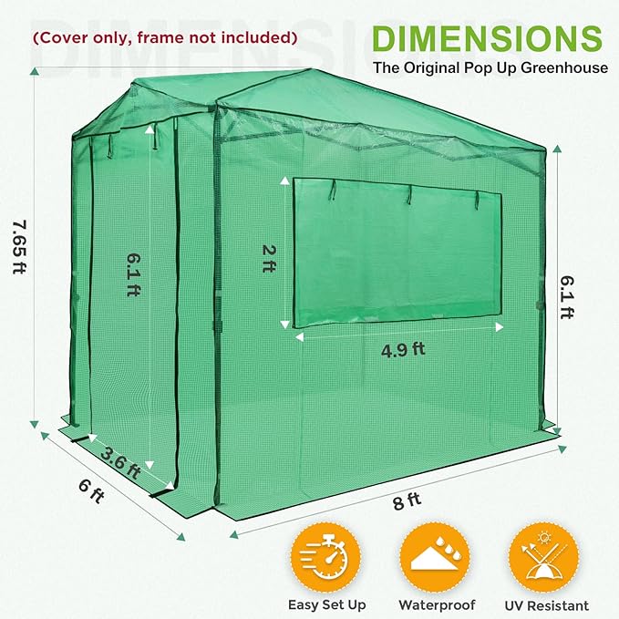 EAGLE PEAK Replacement Cover for 8x6 Portable Pop up Greenhouse, Dual Roll-up Zipper PE Door & Upgraded Screen Mesh Door and 2 Roll-Up Side Windows (Frame Not Included), Green