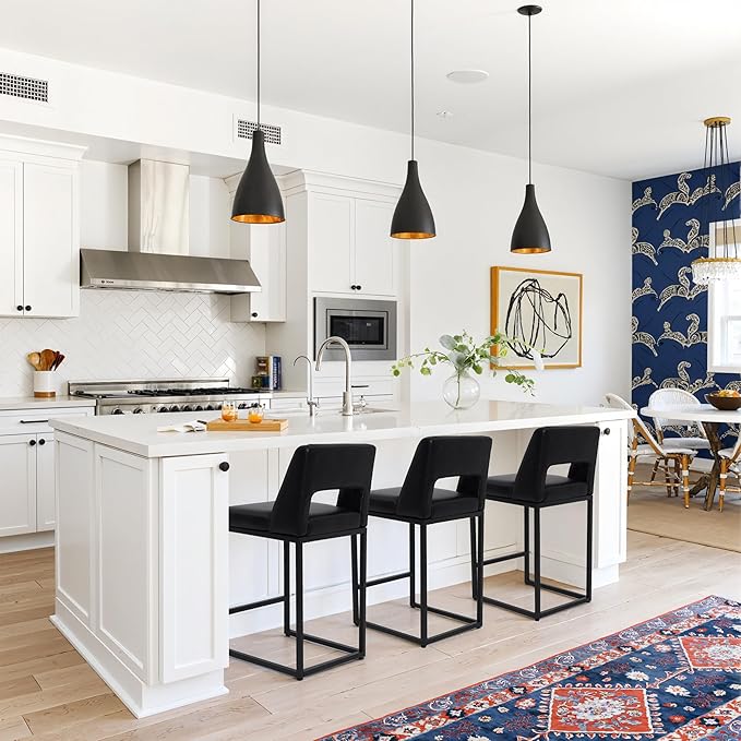 Counter Height Black Bar Stool for Kitchen Counter Modern Bar Chair with Back for Kitchen Island with Upholstered Faux Leather Seat and Metal Frame, 26 Inch