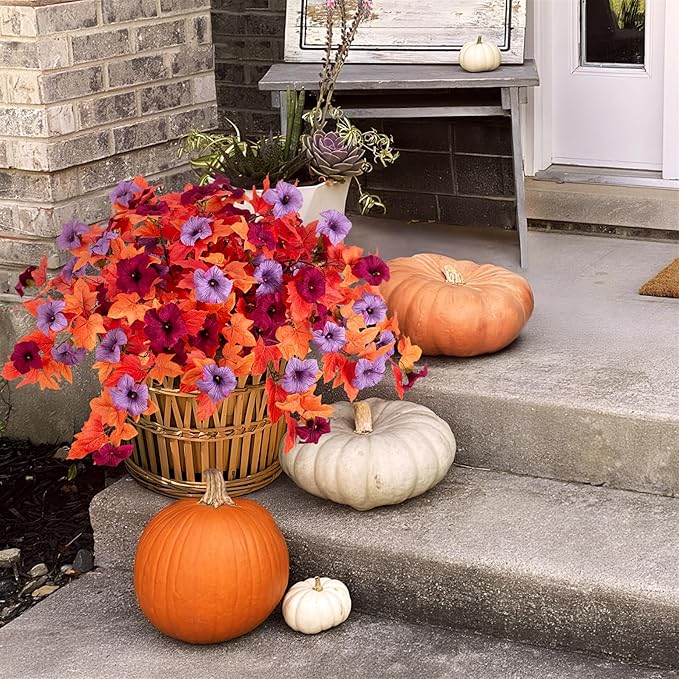 Fake Fall Flowers for Outdoors Decor 2PCS Artificial Flowers Fake Faux Silk Petunias Fall Fake Plants, UV Resistant Flower for Garden Porch Patio Balcony Realistic Autumn Decoration(Burgundy Purple)