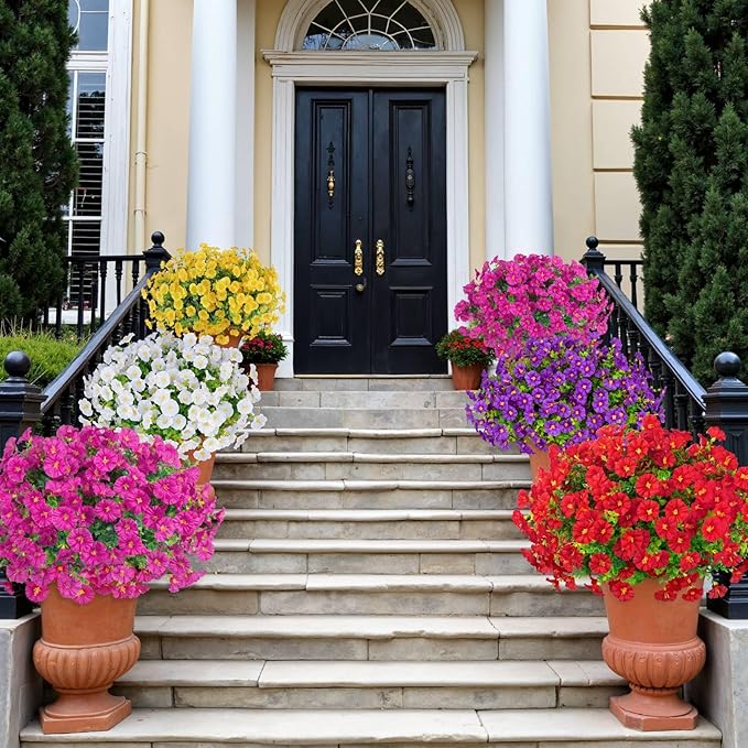 Ouddy Decor 24 Bundles Artificial Flowers for Outdoors Decoration Fake Silk Morning Glory Flowers Faux Eucalyptus Plants UV Resistant for Porch Patio Garden Spring Summer Home Decor, Multicolor