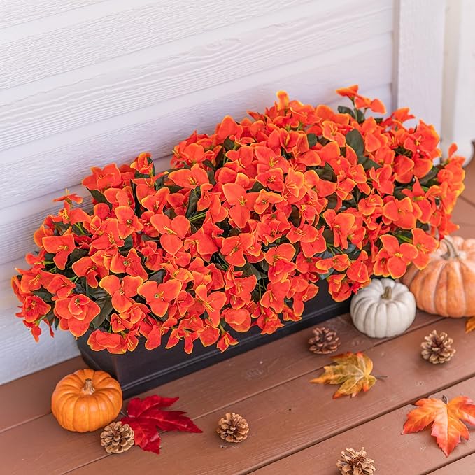 Ivydale Artificial Fall Flowers for Outdoors, 4 Bundles Fake Bougainvillea Flower Realistic Silk Flowers for Outside, Faux Fall Flowers for Outdoor Planters Patio Porch Home Decorations, Orange