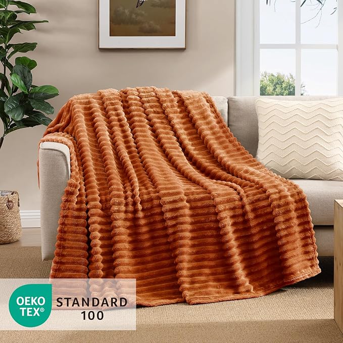 Geniospin Fleece Throw Blanket, 280GSM Extra Soft Lightweight Blanket with Strip, Plush Fuzzy Cozy Blankets and Throws for Couch, Bed, Sofa Cozy, Warm and Breathable (Burnt Orange, 60x80 inches)