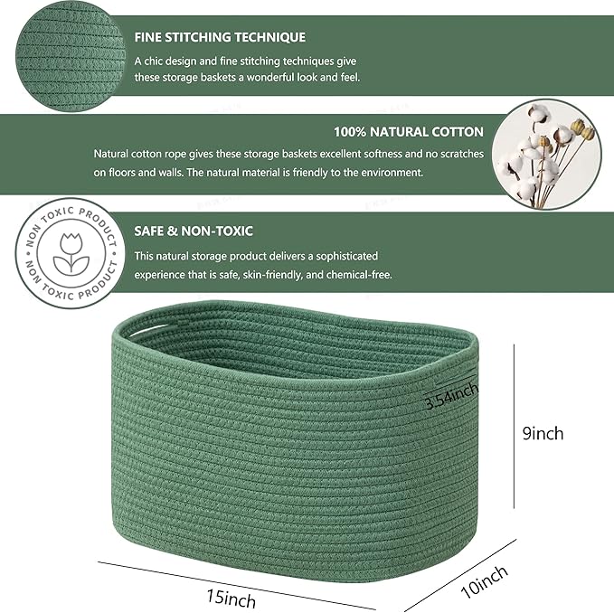 UBBCARE 3-Pack Woven Rope Shelf Baskets - 15x10x9in Decorative Storage Basket for Toys, Kids Playroom, Closet Organization & Cube Storage Organizer | Gift Basket Empty, Green