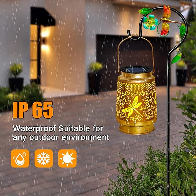 2 Packs Dragonfly Solar Lanterns Outdoor Waterproof with Shepherd Hook,Hanging Solar Lights Garden Decor,Christmas Decorations Dragonfly Gift for Women Grandma,Metal Decorative Lanterns for Yard,Patio