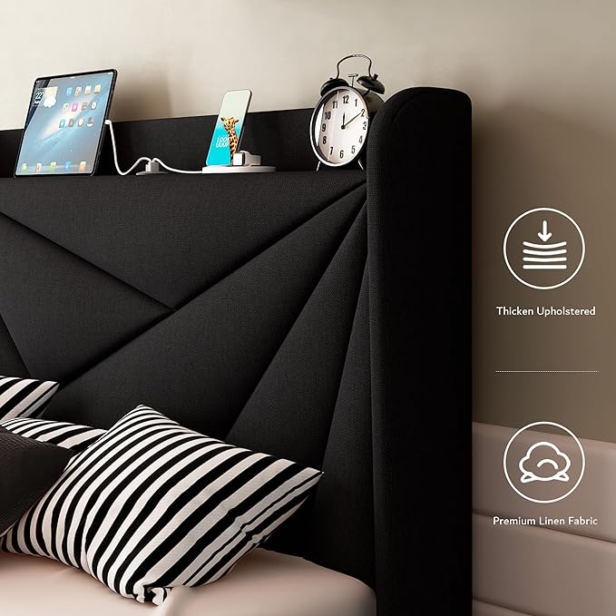 iPormis Twin Size Bed Frame with Charging Station, Linen Platform Bed Frame with Wingback Headboard Upholstered Bedframe, Solid Wood Slats Support, No Box Spring Needed, Easy Assembly, Black