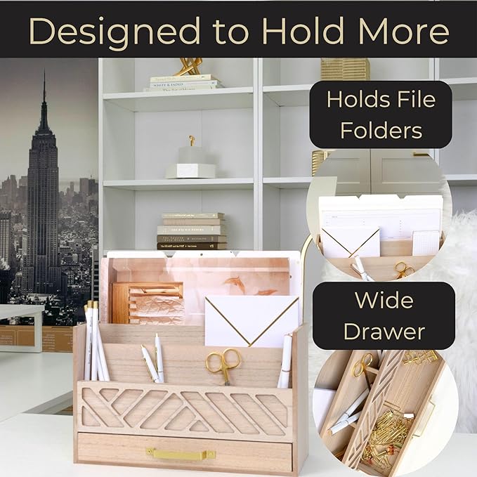 BLU MONACO Natural Mail Organizer with Drawer and Gold Handle – Desktop Mail Holder and Office Supplies Storage – Home Office Desk Accessories – Letter Sorter and Paper Organizer