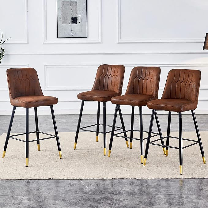 Counter Height Bar Stools Set of 4,27" Modern Bar Stools with Back,Upholstered Counter Height Bar Stool with Sturdy Metal Footrest,Kitchen Island Chairs for Home Pub (Brown,4)