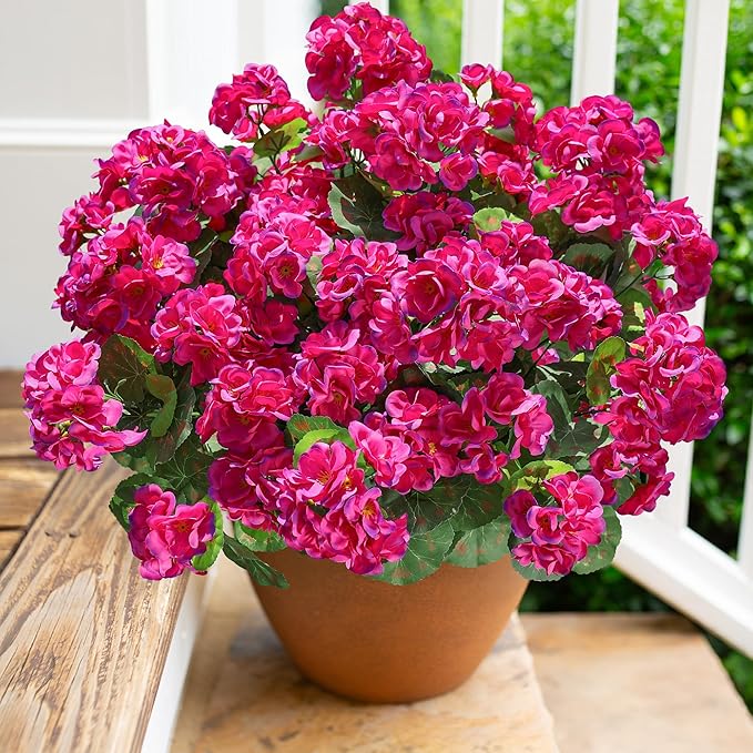Artificial Geranium Fake Flowers for Outdoors Decoration, 6 Bundles Silk Geraniums Flower UV Resistant Look Real Faux Plants for Outside Planter Front Door Garden Patio Balcony Yard Home, Fuchsia
