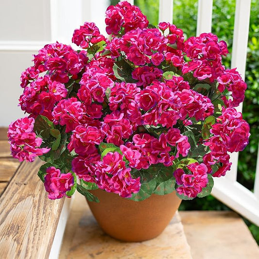 Artificial Geranium Fake Flowers for Outdoors Decoration, 6 Bundles Silk Geraniums Flower UV Resistant Look Real Faux Plants for Outside Planter Front Door Garden Patio Balcony Yard Home, Fuchsia