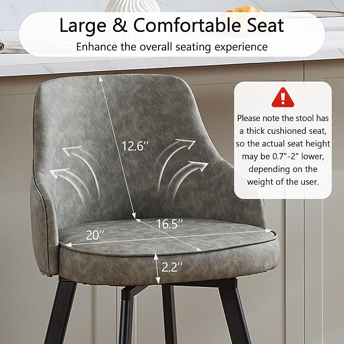 Bar Stools Set of 3, 30" Swivel Bar Height Bar stools with High Back, Faux Leather Kitchen Barstools Bar Height for Kitchen Island (Light Grey, 3PCS 30" Bar Stools)