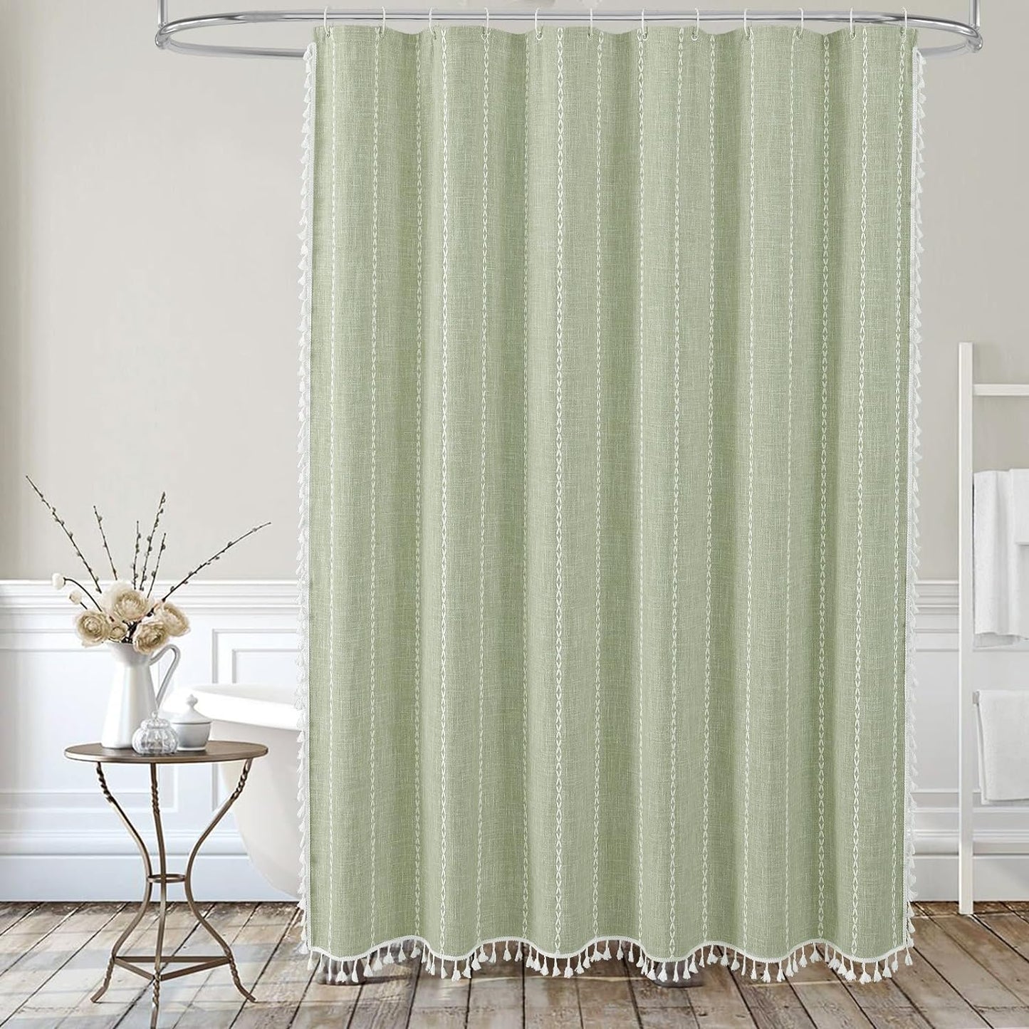 MitoVilla Sage Green Boho Shower Curtain for Vintage Rustic Bathroom Decor, Modern Farmhouse Polyester Linen Fabric Neutral Wrinkle Resistant Cloth Shower Curtain with Tassel, 72 x 72