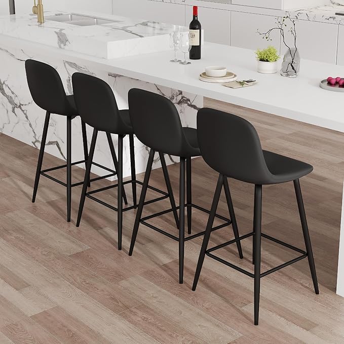 Counter Height Bar stools Set of 4, 24.6" Black Kitchen Bar Stools with Back & Metal Footrest, Modern Island Chairs Set of 4 for Kitchens Island Home Bar