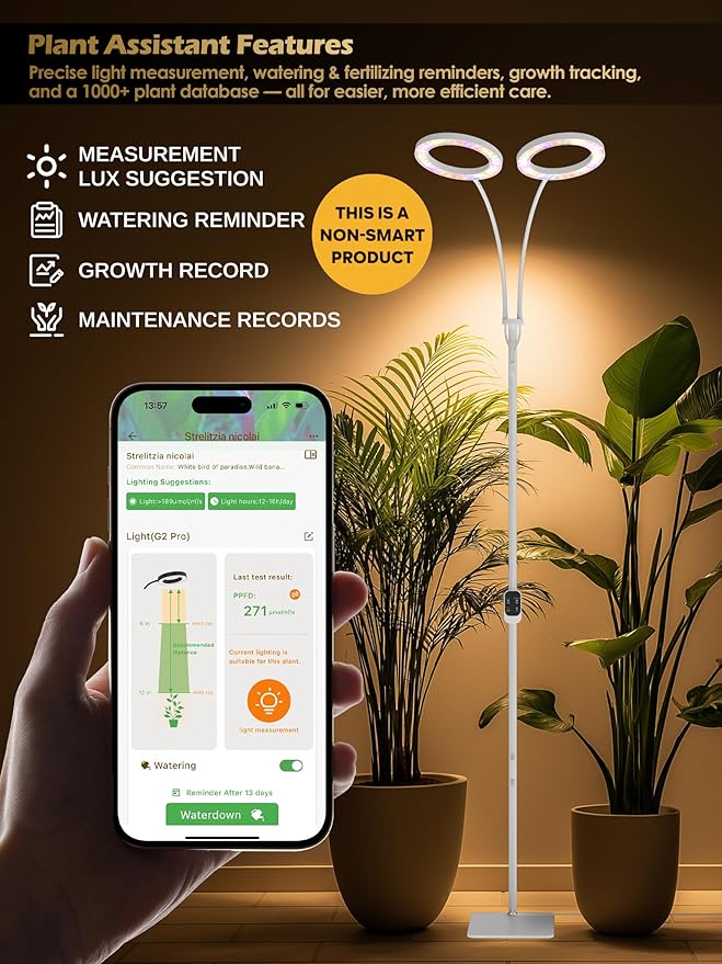 GLOWRIUM Grow Lights for Indoor Plants,Plant Light with 3/9/12/16H Grow Light Timer,2-Head 48W Full Spectrum LED Grow Light, 3 Lighting Mode and Stepless Dimming (White, 48W)