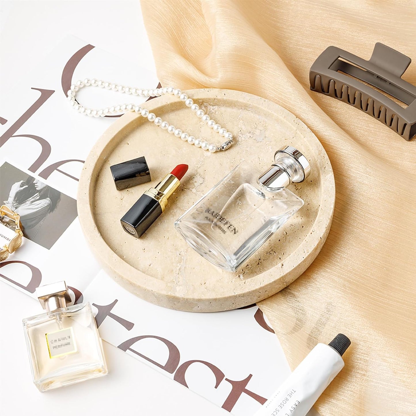 WORHE Natural Marble Vanity Tray for Bathroom Kitchen Dresser, Travertine Stone Decorative Trays for Jewelry, Perfume, Cosmetic, Candle, Round Countertop Storage Organizer for Home Decor Beige (WH019)