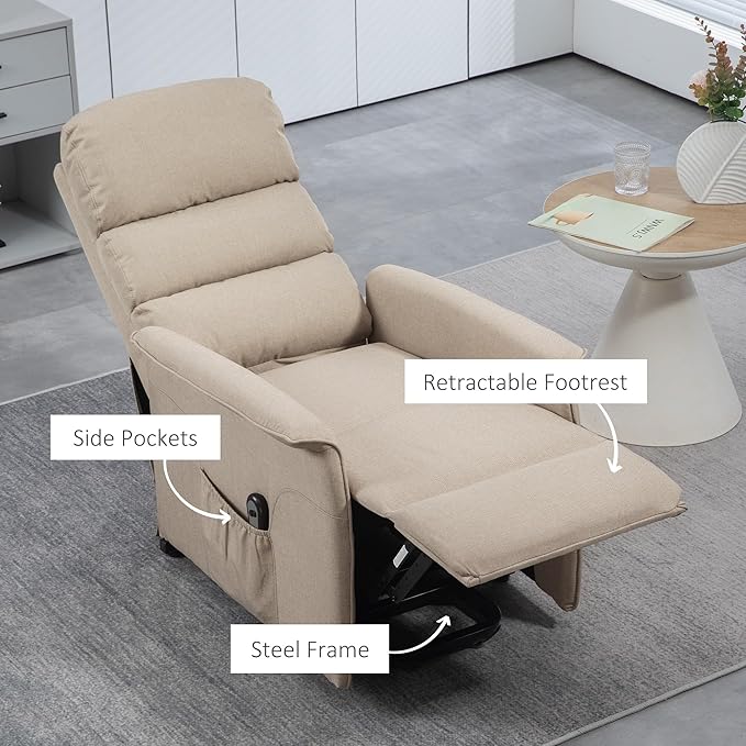 HOMCOM Power Lift Recliner Chair for Elderly, Easy Assembly, Fabric Lift Chair for Adults, Recliner Sofa with Remote Control, Side Pockets for Living Room, Beige