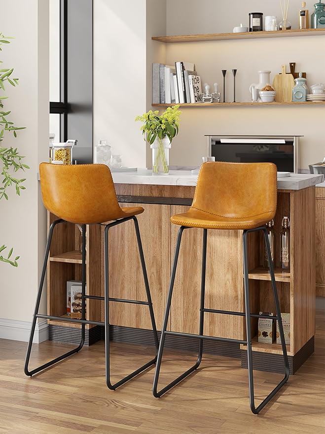Bar Stools Set of 2, 30 Inches Counter Height Bar Stools with Back, Modern Faux Leather Barstools with Metal Legs and Footrest, Bar Chairs for Kitchens Island (Whiskey Brown)