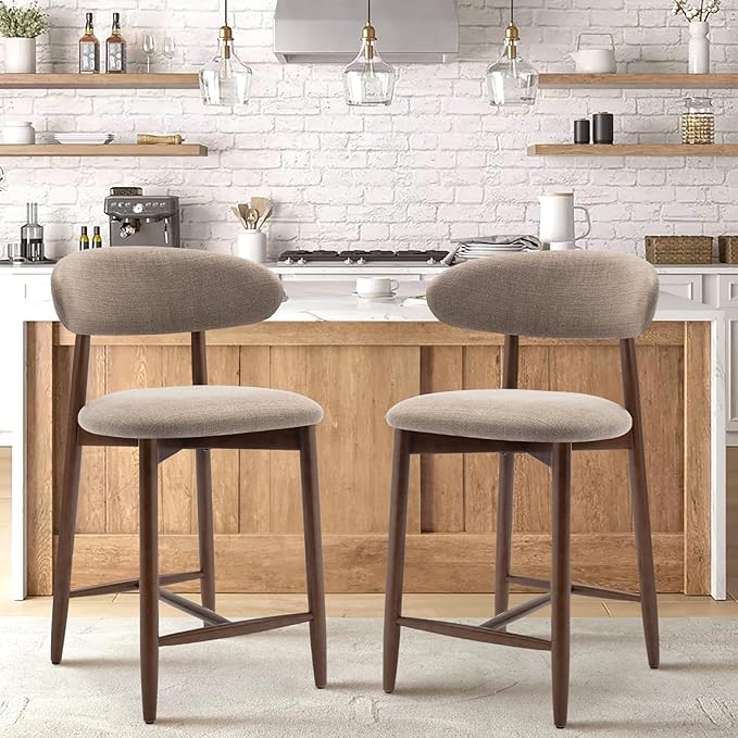 COLAMY Bar Stools Set of 2, Counter Height BarStools with Back, Mid Century Modern Upholstered, with Wood Legs for Kitchen Island Dining Room, Camel