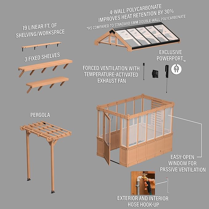 Backyard Discovery Bellerose 9' x 6' Cedar Wood and Polycarbonate Walk-in Greenhouse Kit with Pergola, Exhaust Fan, Windows, Hose Hook-Ups, PowerPort, Staging Shelves for Year-Round Outdoor Gardening
