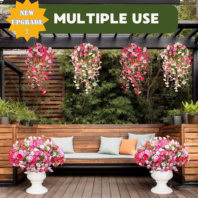 8 Pcs Artificial Hanging Flowers for Outdoor, Fake Silk Petunias Plants Arrangement, for Spring Summer Outdoor Decoration, UV Resistant, Morning Glorias, for Home Garden Decor (Dark Pink&White)