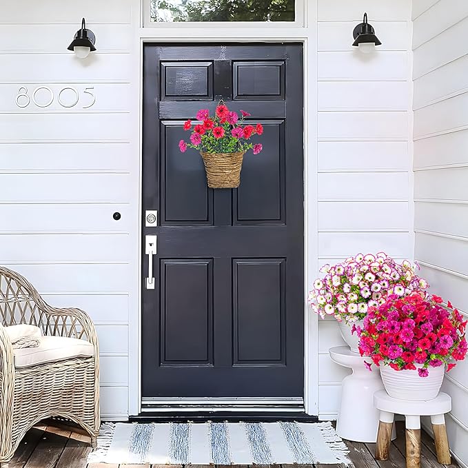 Artificial Flowers for Outdoors, 10 Bundles Fake Plastic Flower Plant, Faux Colorful Silk Morning Glory Eucalyptus for Spring Summer Outside Garden Porch Front Door Decor, Rose Purple