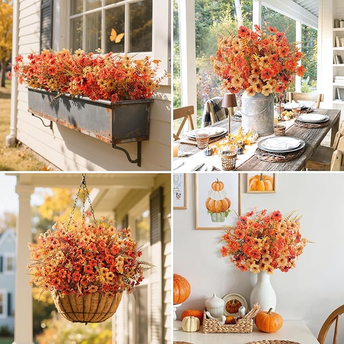 20 Bundles Artificial Fall Flowers for Outdoors Decoration, Fake Mums Silk Daisy Faux Plastic Plants Boston Fern UV Resistant for Autumn Thanksgiving Garden Planters Home Decor, Mixed Orange