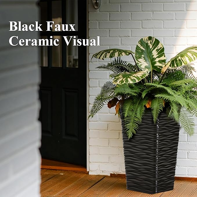 Worth Garden 2-Pack Black Tall Planter - Plastic Square Tapered Tree Plant Pots for Indoor Outdoor - 22" H - Modern Wavy Finish Decorative Flower Pots for Front Porch Containers Patio Deck