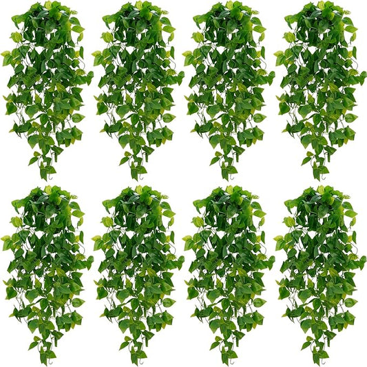 BLEUM CADE Fake Hanging Plants, 8pcs Artificial Hanging Plant, Faux Pothos Vines Hanging Plant Greenery for Wall Home Living Room Indoor Outdoor Decor (No Baskets)